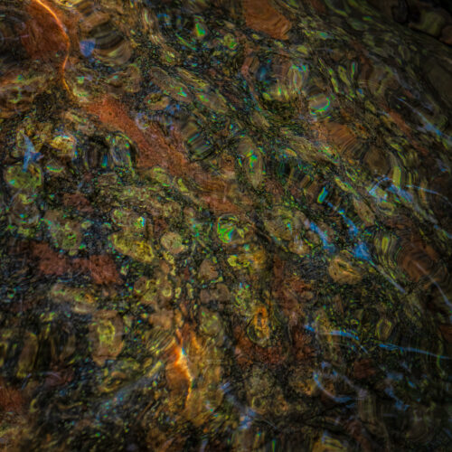 Light reflection on a stream giving color to a variety of colored stones in the water. It looks like liquid gold.